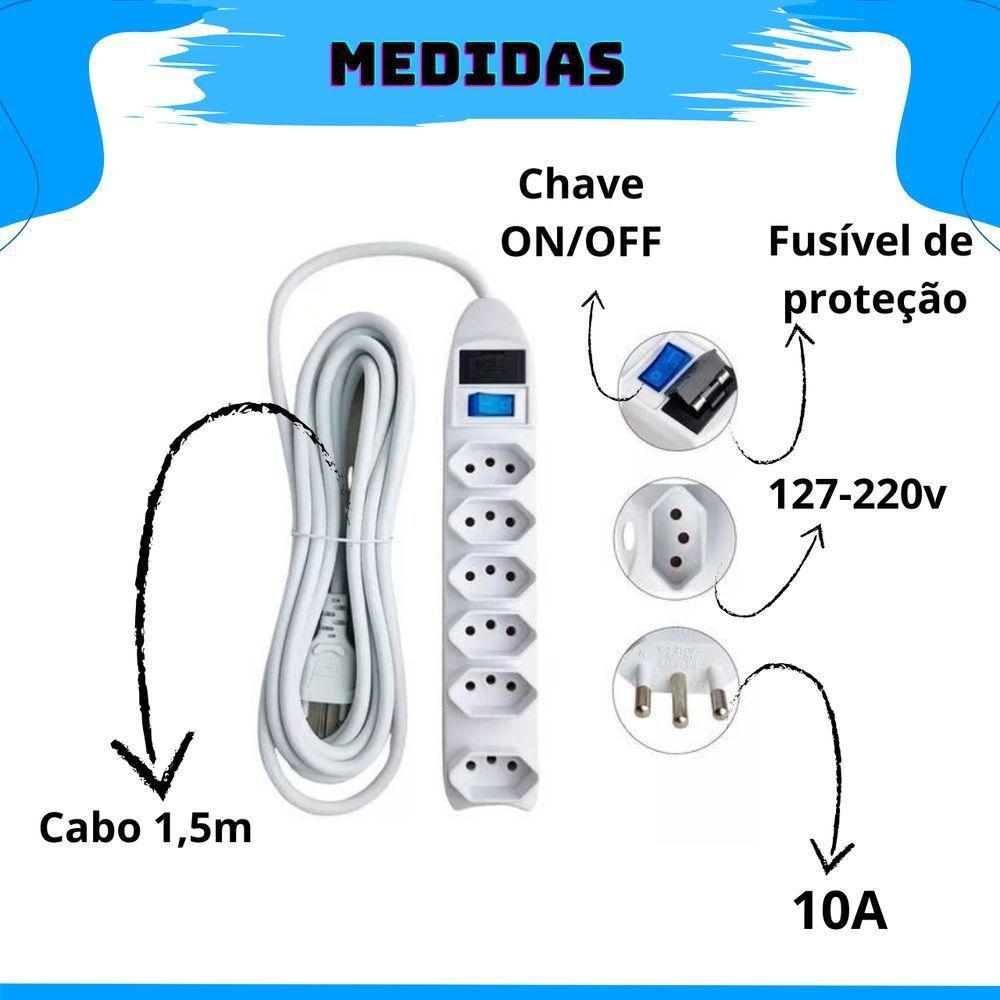 Extensão Elétrica Régua Padrão Tripolar 6 Tomadas 10a Cabo 1,5 Metros Bivolt (110-220v) Com Fusível De Proteção - 7