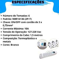 Extensão Elétrica Régua Padrão Tripolar 6 Tomadas 10a Cabo 1,5 Metros Bivolt (110-220v) Com Fusível De Proteção - 3