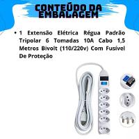 Extensão Elétrica Régua Padrão Tripolar 6 Tomadas 10a Cabo 1,5 Metros Bivolt (110-220v) Com Fusível De Proteção
