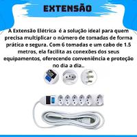 Extensão Elétrica Régua Padrão Tripolar 6 Tomadas 10a Cabo 1,5 Metros Bivolt (110-220v) Com Fusível De Proteção - 5