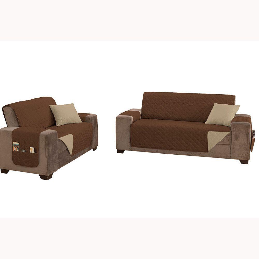 Protetor De Sofá Padrão 2 E 3 Lugares Manu 100% Poliéster Cor:tabacocáqui. - 1