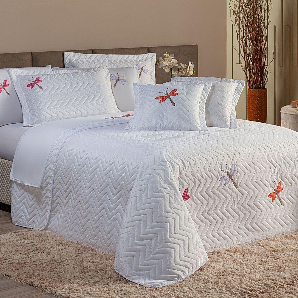 Cobre Leito Casal Padrão 3 Peças Bordado Libélula 100% Poliéster - Branco. - 3
