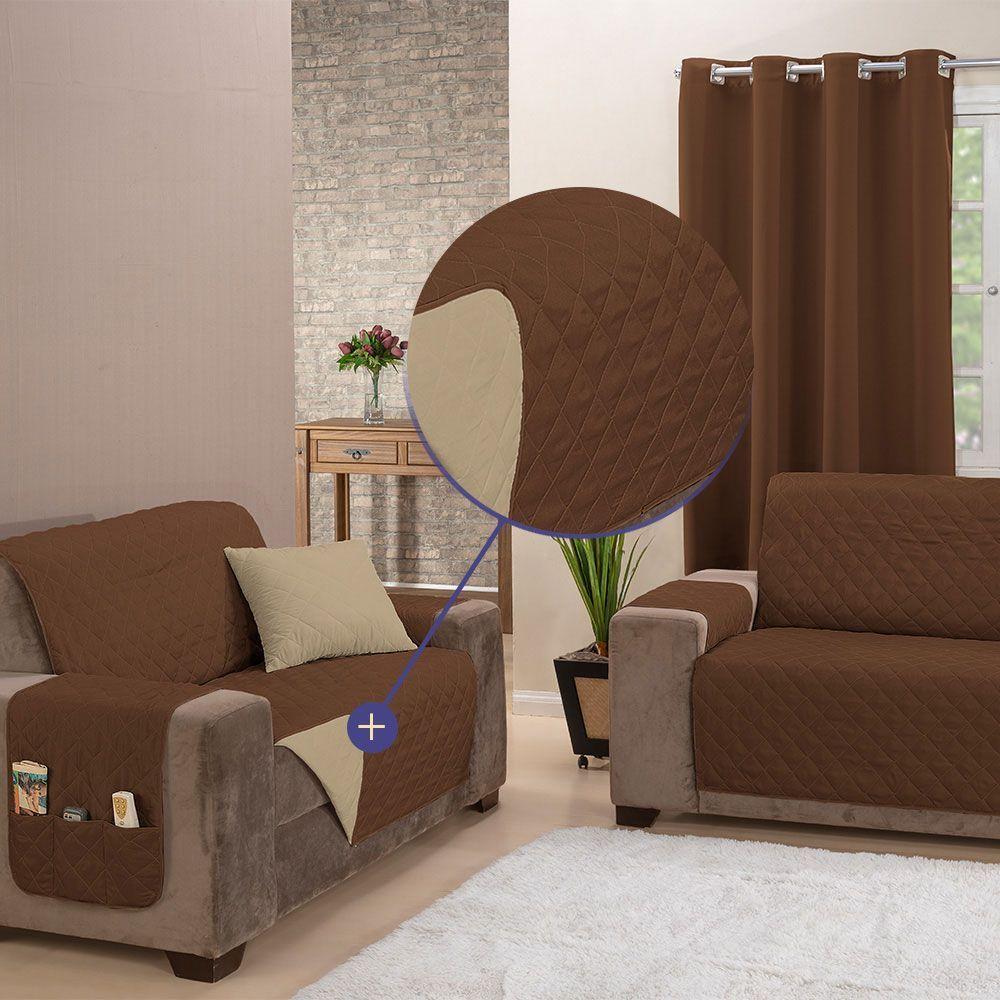 Protetor De Sofá Padrão 3 Lugares Manu 100% Poliéster Cor:tabacocáqui. - 5