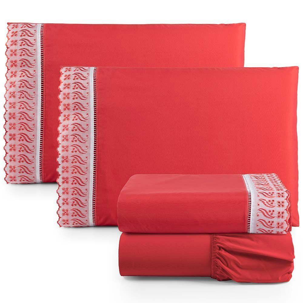 Jogo De Lençol Casal 4 Peças Basic Percal 180 Fios Lese Bordado Inglês - Vermelho - 1