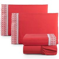 Jogo De Lençol Casal 4 Peças Basic Percal 180 Fios Lese Bordado Inglês - Vermelho - 1