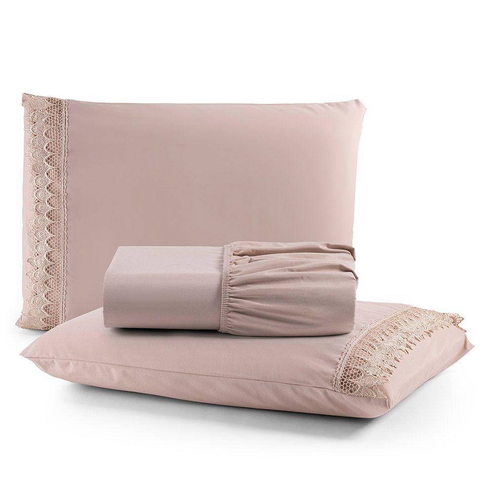 Jogo De Lençol Rubi Casal 3 Pçs 100% Algodão 200 Fios Ponto Palito Bordado - Avelã - 1