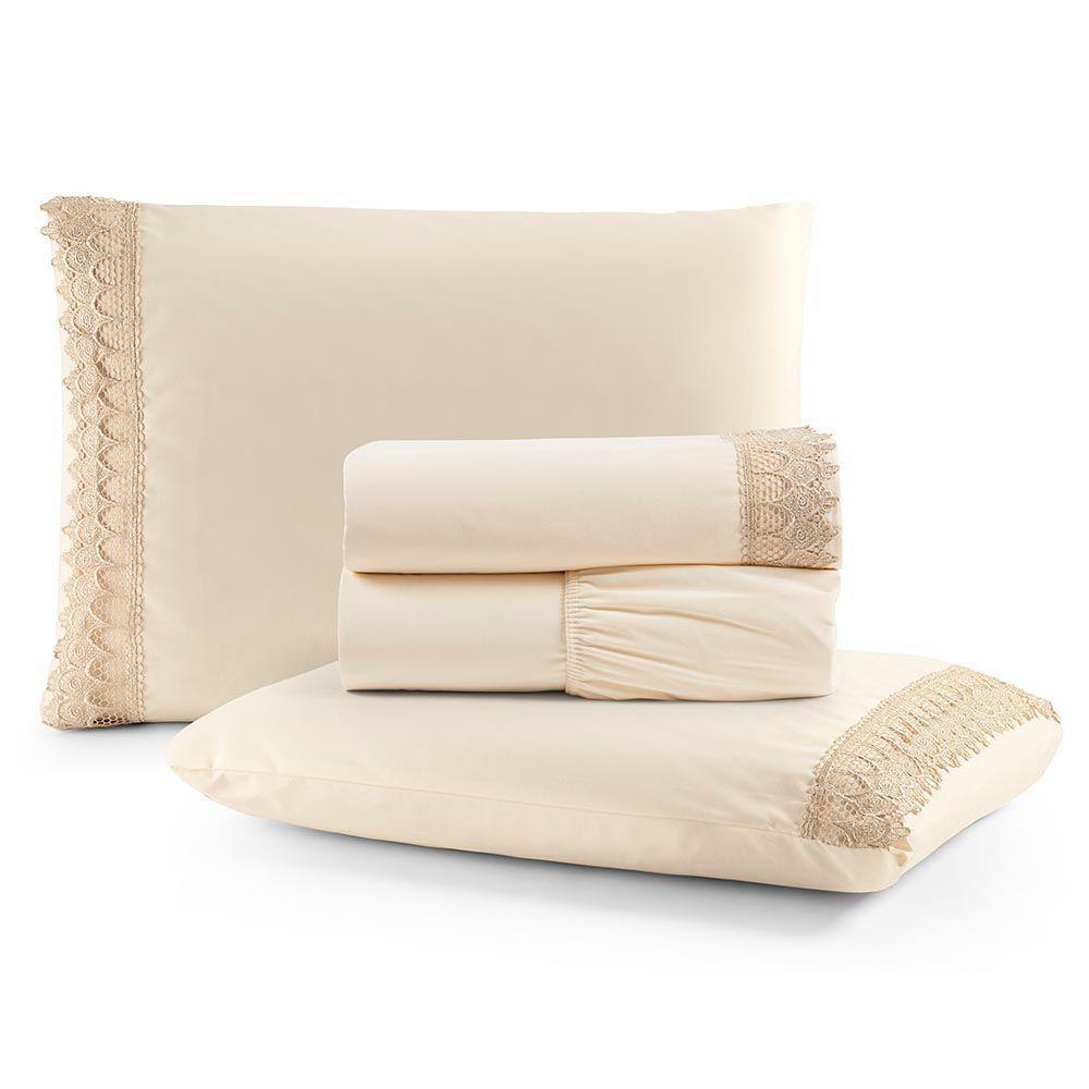 Jogo De Lençol Rubi King 4 Pçs 100% Algodão 200 Fios Ponto Palito Bordado - Palha - 1