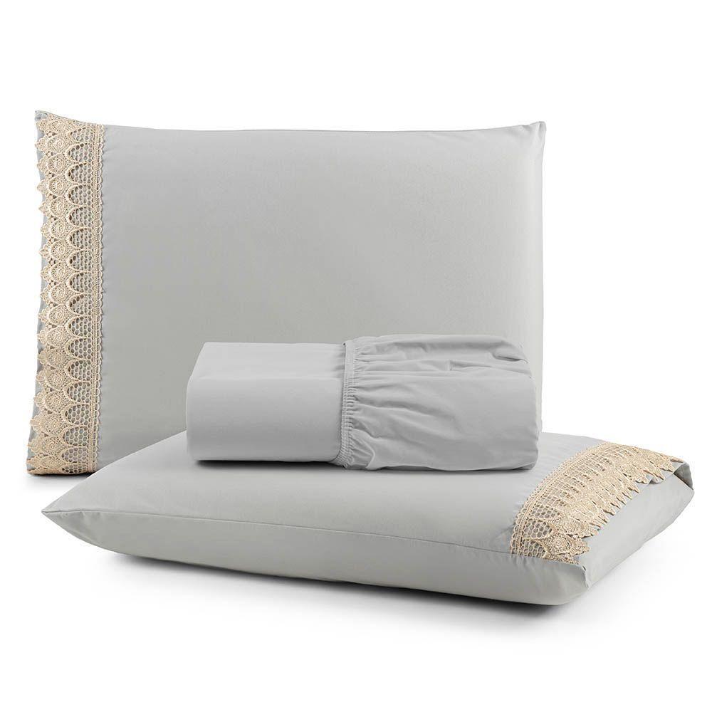 Jogo De Lençol Rubi Casal 3 Pçs 100% Algodão 200 Fios Ponto Palito Bordado - Cinza - 1