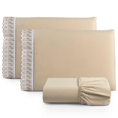 Jogo De Lençol Casal 3 Peças Basic Percal 180 Fios Lese Bordado Inglês - Cáqui