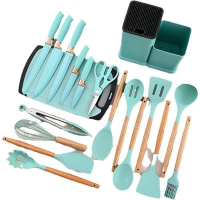 Utensilios Para Cozinha Silicone Kit Com 19 Peças Cabo Madeira Conjunto Completo Verde