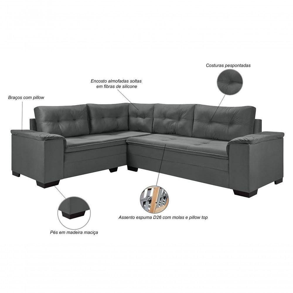 Sofá Viena Canto Suede Plus Confortável Pés Madeira Império Cinza 380 - 2