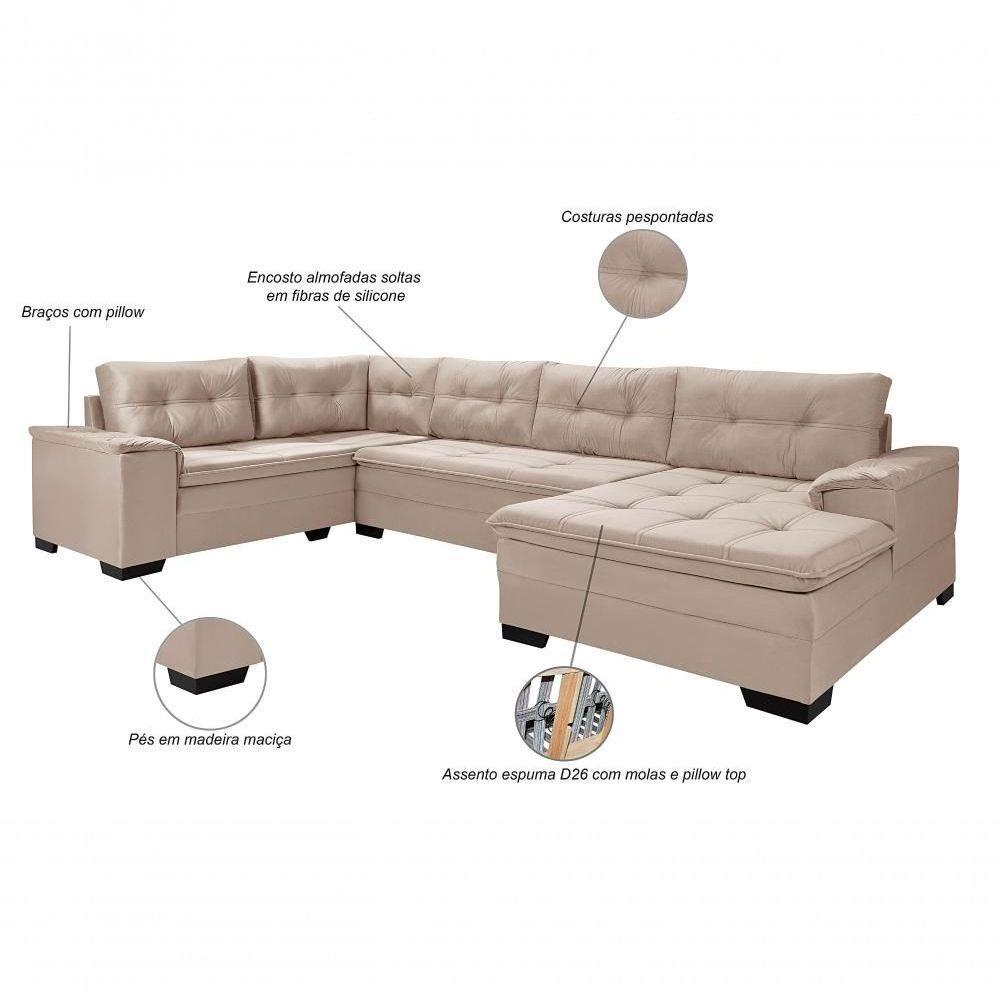 Sofá Viena 3 Lugares Com Chaise E Canto Premium Império Areia Areia 376 - 5