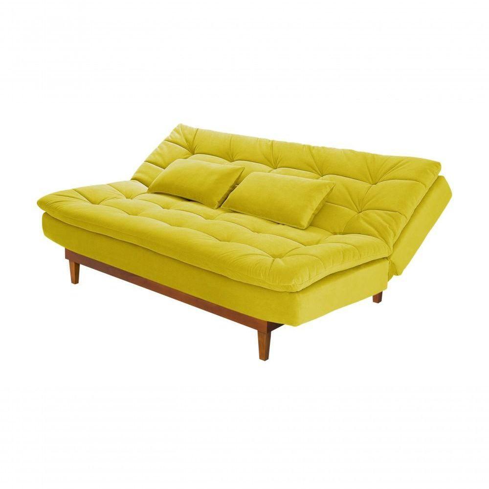 Sofá Cama Dubai 3 Lugares Império Reclinável Casal Pés Madeira Espuma Especial D33 Madero Amarelo 374 - 6