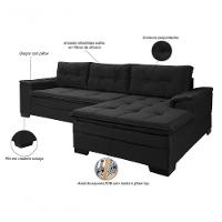 Sofá Viena Chaise Suede Fixo Pés Madeira Living Confortável Império Preto 381 - 3