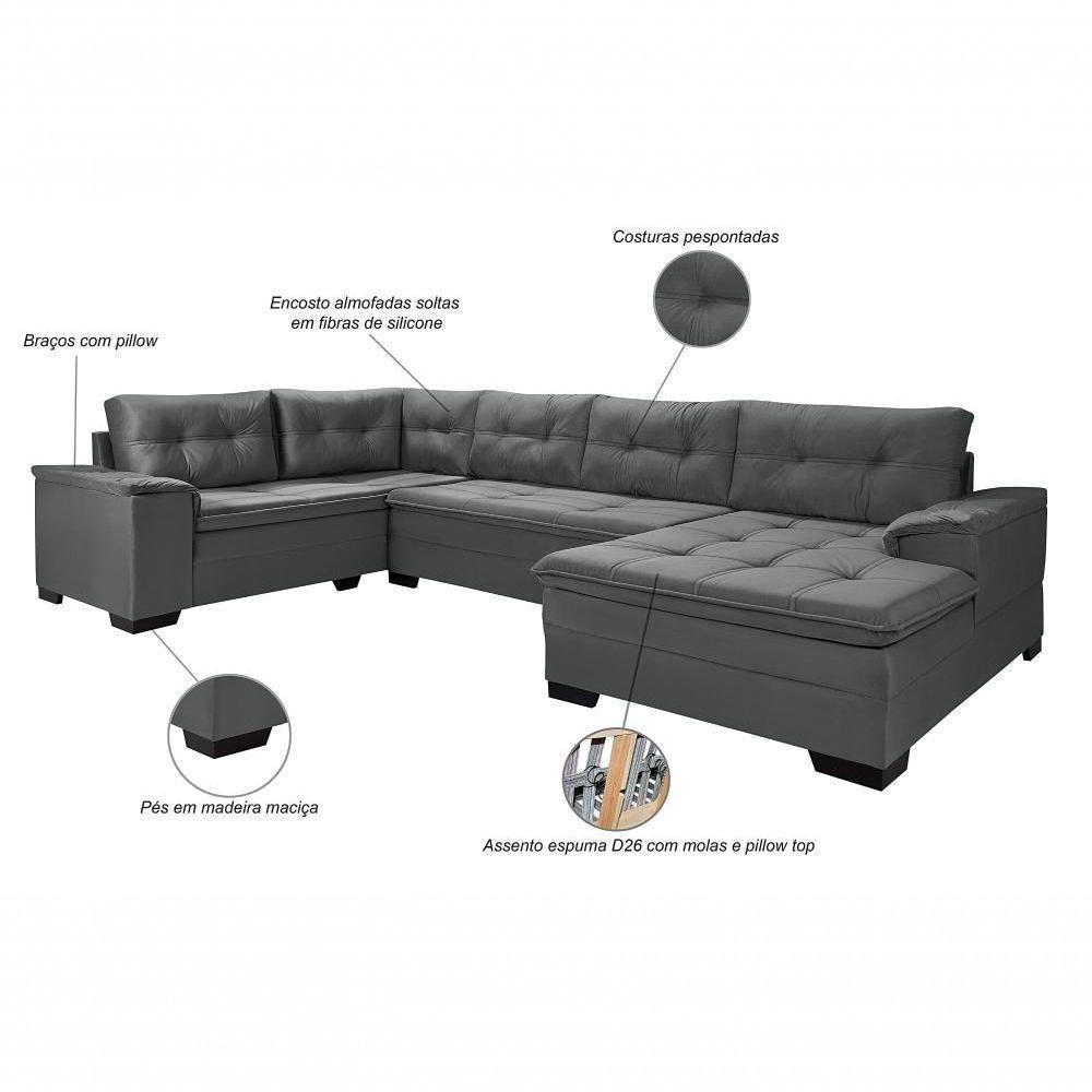 Sofá Viena 3 Lugares Com Chaise E Canto Premium Império Cinza Cinza 380 - 3