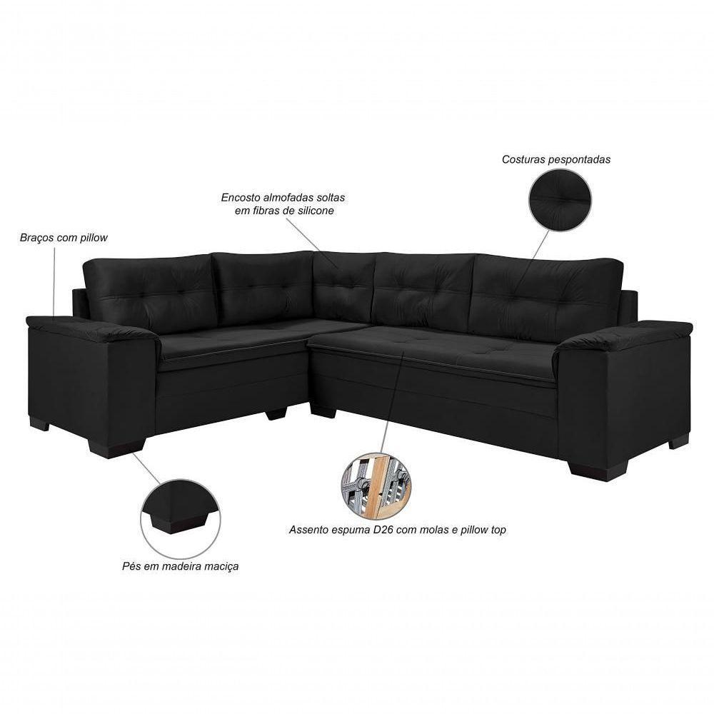 Sofá Viena Canto Suede Plus Confortável Pés Madeira Império Preto 381 - 2