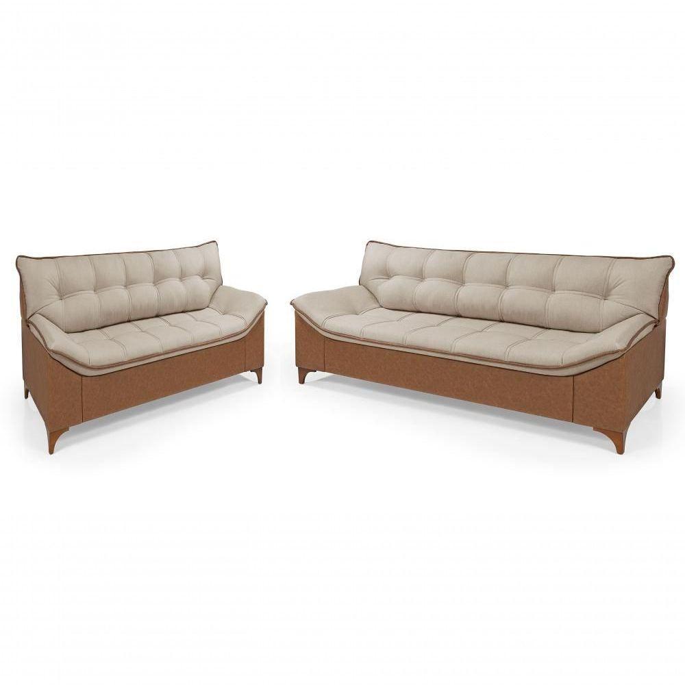 Sofá Veneza Conj. 2 E 3 Lugares Composê Linho/courissimo Fixo Base Madeira Império Bege 201/856 - 1