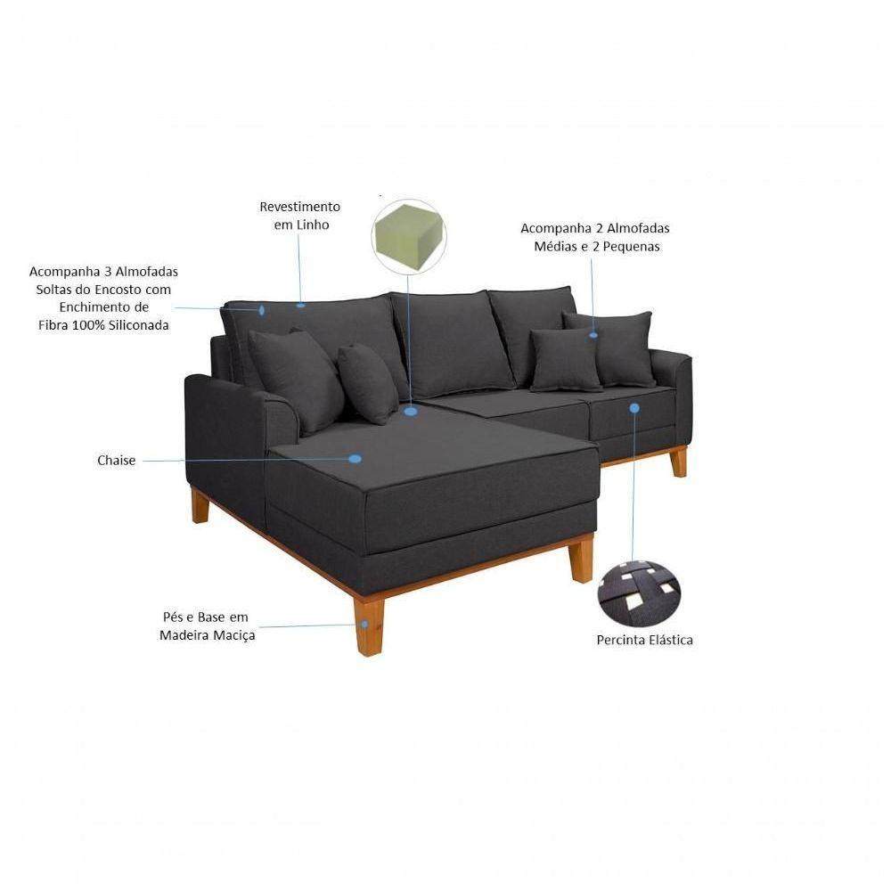 Sofá Living Beny Com Chaise Para Sala De Estar Confortável Império Grafite 199 - 6