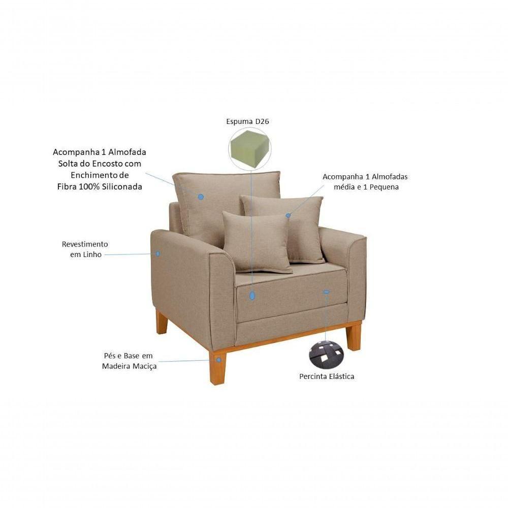 Kit Sofá 1,80m Com Poltrona Beny Pés De Madeira Linho Bege 201 - 3