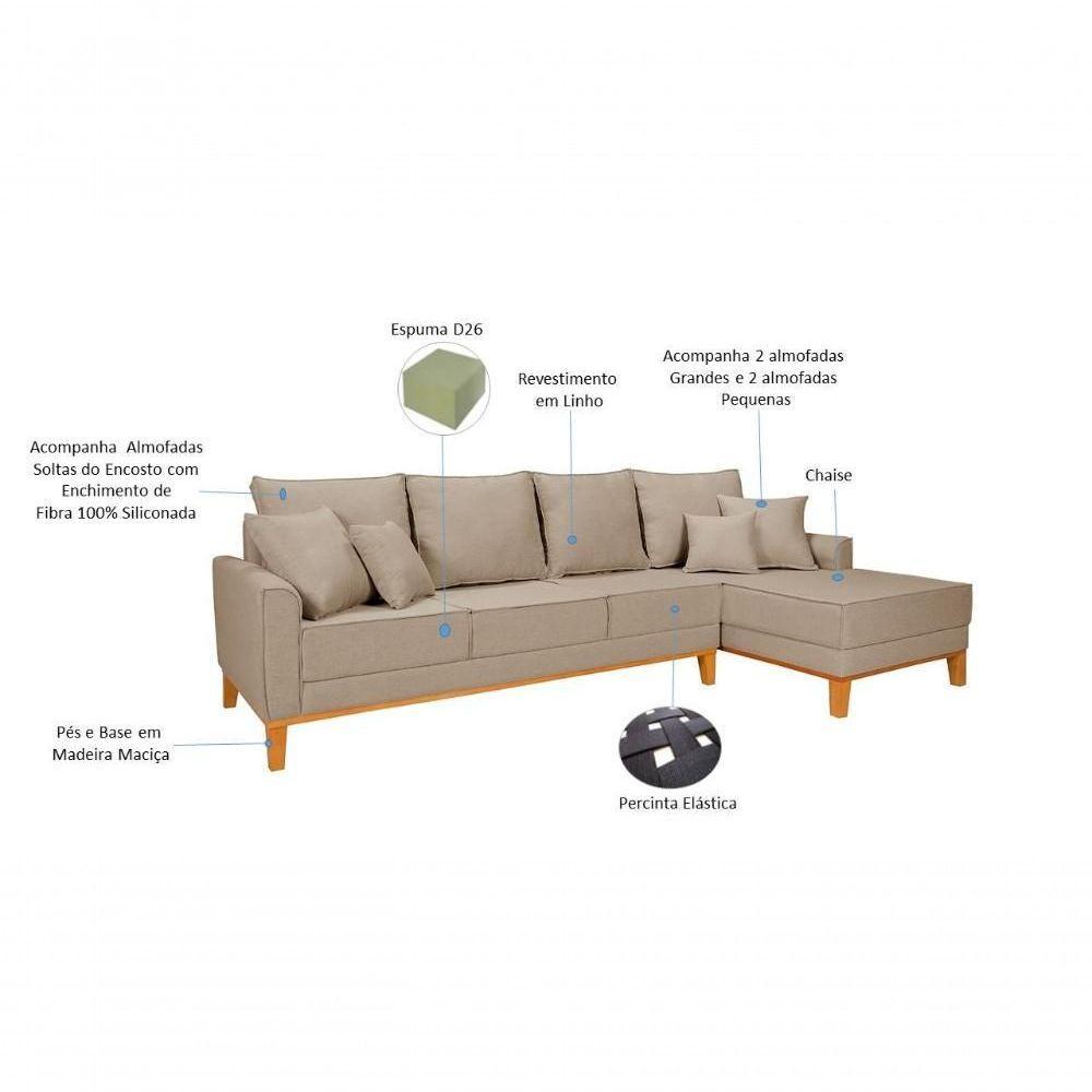 Sofá Living 4 Lugares Beny Com Chaise Lado Esquerdo Linho Império Bege 201 - 2