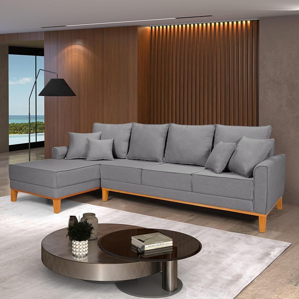 Sofá Living 4 Lugares Beny Com Chaise Lado Esquerdo Linho Império Cinza Claro 185 - 1