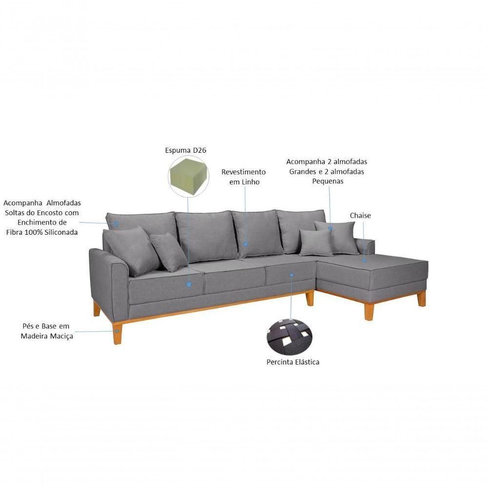 Sofá Living 4 Lugares Beny Com Chaise Lado Esquerdo Linho Império Cinza Claro 185 - 2