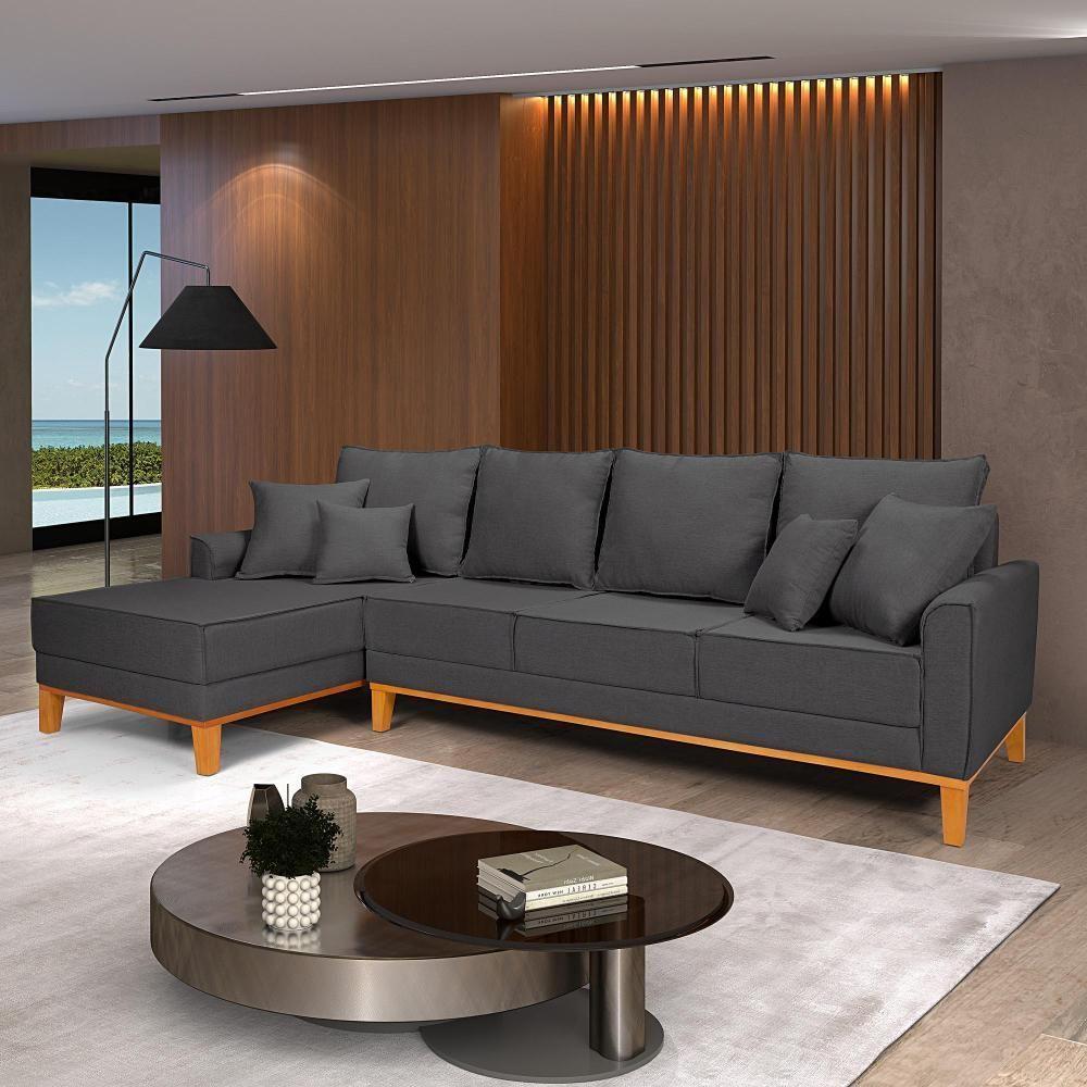 Sofá Living 4 Lugares Beny Com Chaise Lado Esquerdo Linho Império Grafite 199 - 1