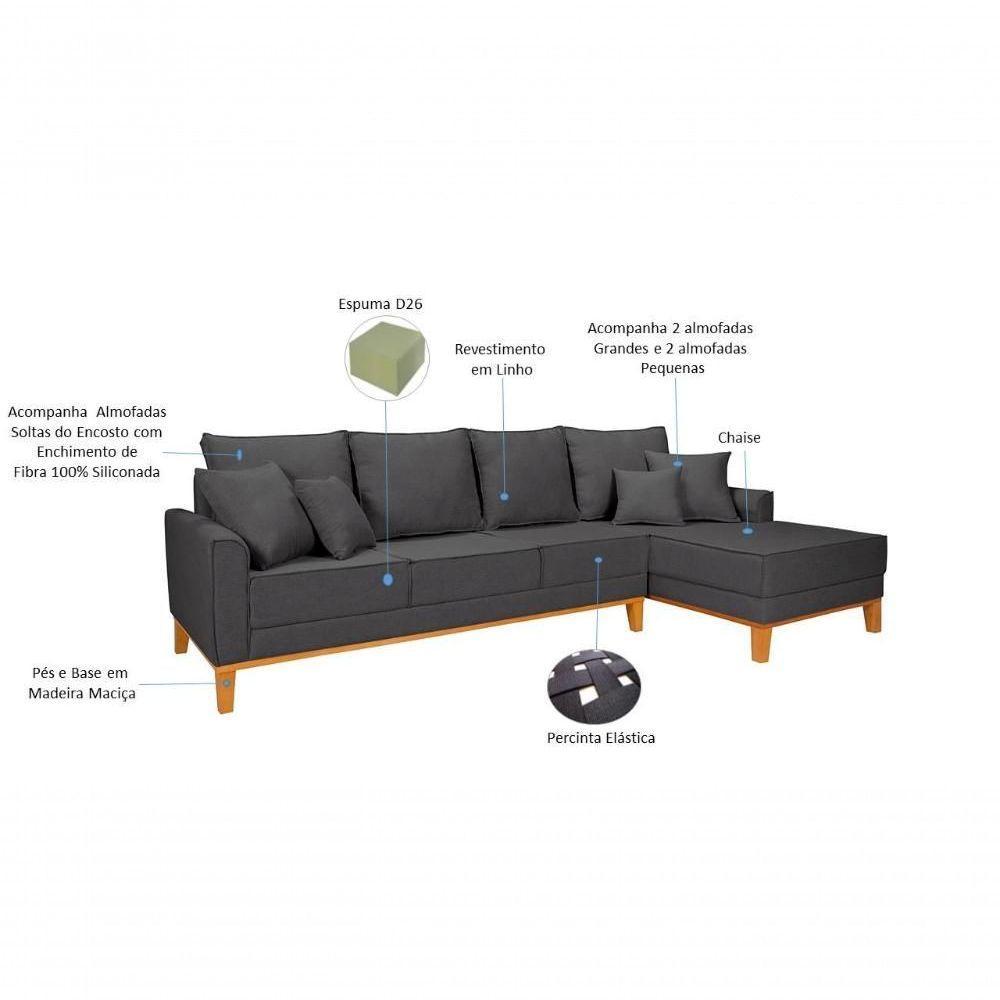 Sofá Living 4 Lugares Beny Com Chaise Lado Esquerdo Linho Império Grafite 199 - 2