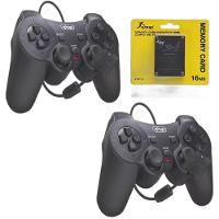 Kit 2 Controles Joystick Manete Ps2 Ps1 Plug And Play Dualshock Com Memory Card 16gb - 1