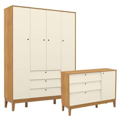Cômoda Sapateira e Guarda Roupa Unique 4 Portas 3 Gavetas Infantil em MDF Freijó Off White Eco Wood