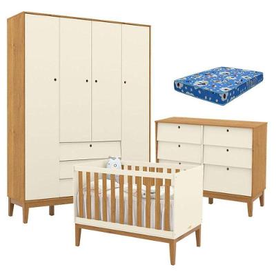 Quarto de Bebê com Berço Americano Unique em MDF com Colchão Incluso Off White Freijó