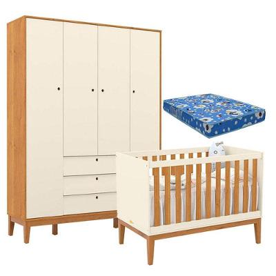 Berço Americano E Guarda Roupa Unique 4 Portas Off White Freijó Eco Wood Com Colchão Ortobom
