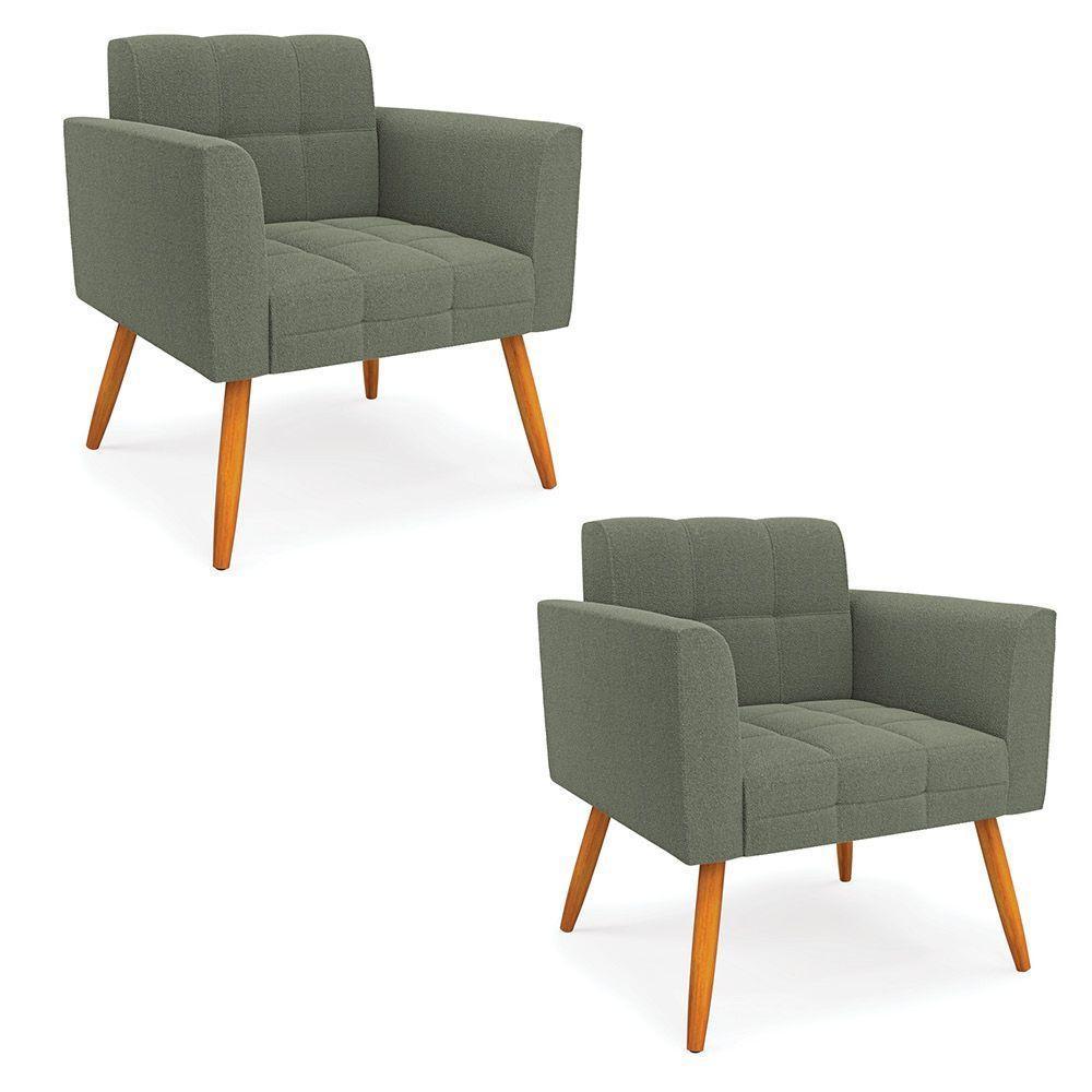 Poltrona Sala Estar Pé Palito Castanho Kit 2 Elisa Bouclê D03 Verde Pistache - 1