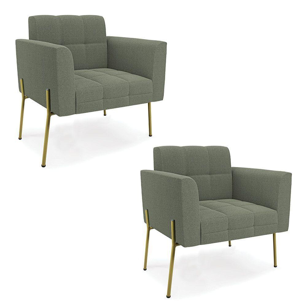 Poltrona Sala Estar Pé Ferro Dourado Kit 2 Elisa Bouclê D03 Verde Pistache - 1