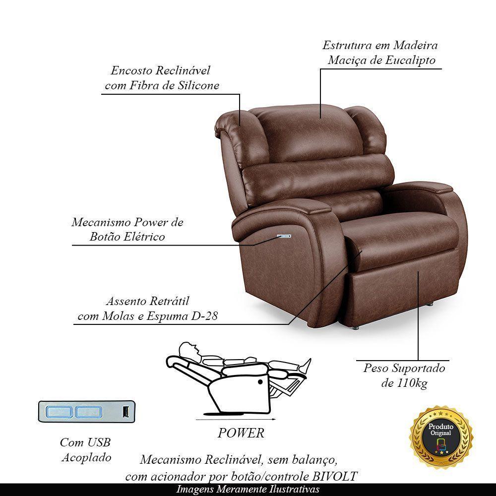 Poltrona Do Papai Reclinável Napoli Elétrica Botão Led Pu Brilho Fh1 Marrom - 4