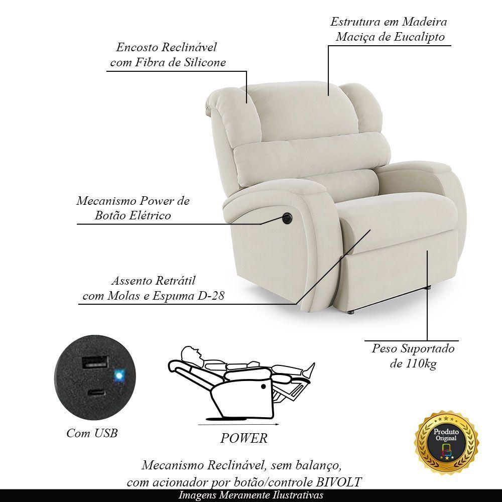Poltrona Do Papai Reclinável Napoli Controle Power Elétrico Usb Veludo Fh1 Bege - 6