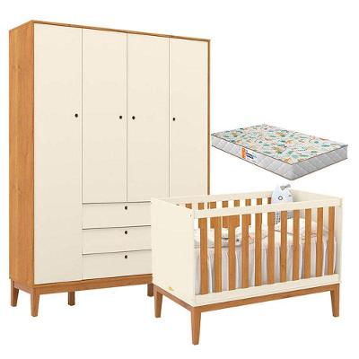 Berço Americano E Guarda Roupa Unique 4 Portas Off White Freijó Eco Wood Com Colchão Gazin - Matic