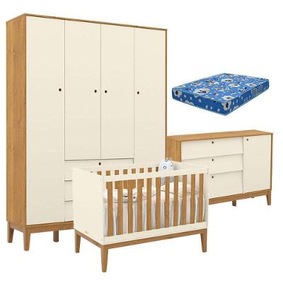 Quarto de Bebê Unique Kit 4 Portas 3 Gavetas em MDF 136cm Off White Freijó Eco Wood Matic Móveis