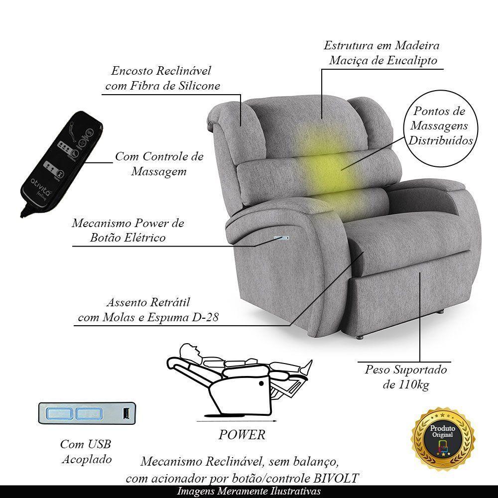 Poltrona Do Papai Reclinável Napoli Elétrica Botão Led Massagem Linho Cinza Fh1 - 2