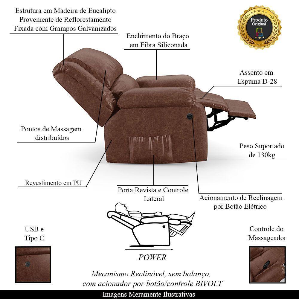 Poltrona Do Papai Reclinável Melim Elétrica Led Massagem Pu Brilho Fh1 Marrom - 6
