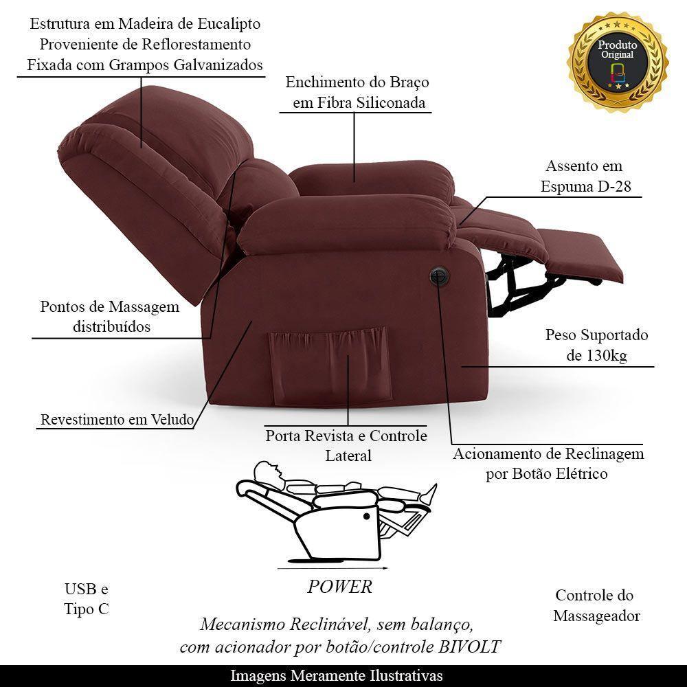 Poltrona Do Papai Reclinável Melim Elétrica Led Massagem Veludo Vinho Fh1 - 6