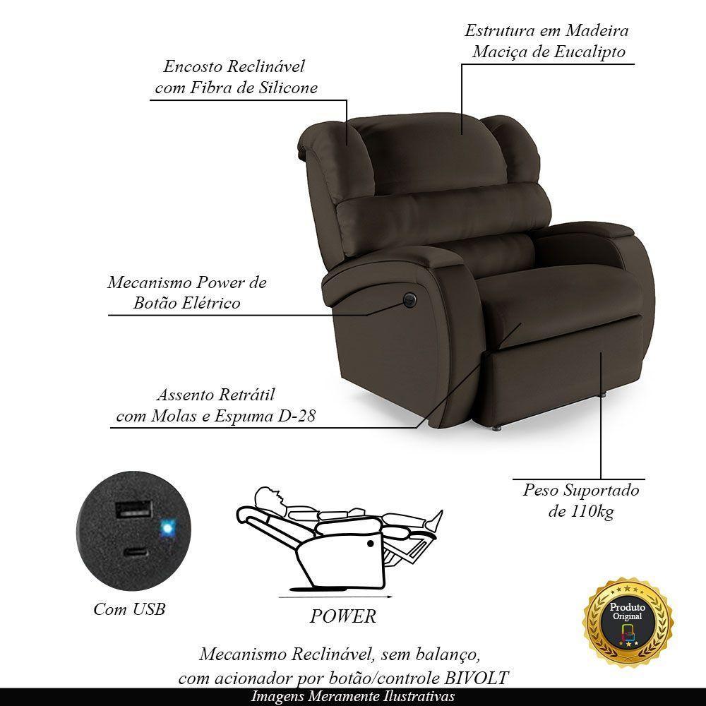 Poltrona Do Papai Reclinável Napoli Controle Power Elétrico Usb Pu Marrom Fh1 - 5