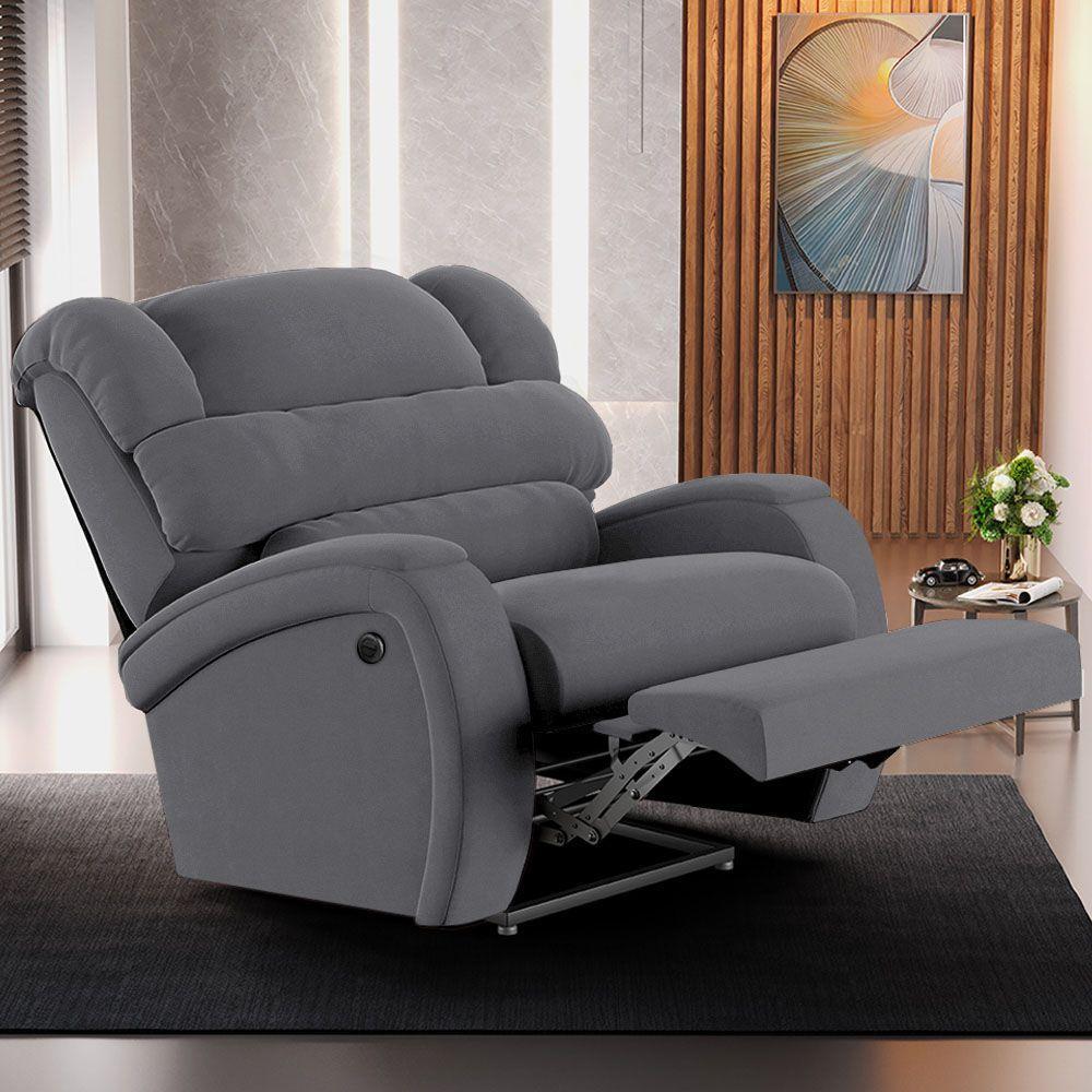 Poltrona Do Papai Reclinável Napoli Controle Power Elétrico Usb Veludo Cinza Fh1 - 6