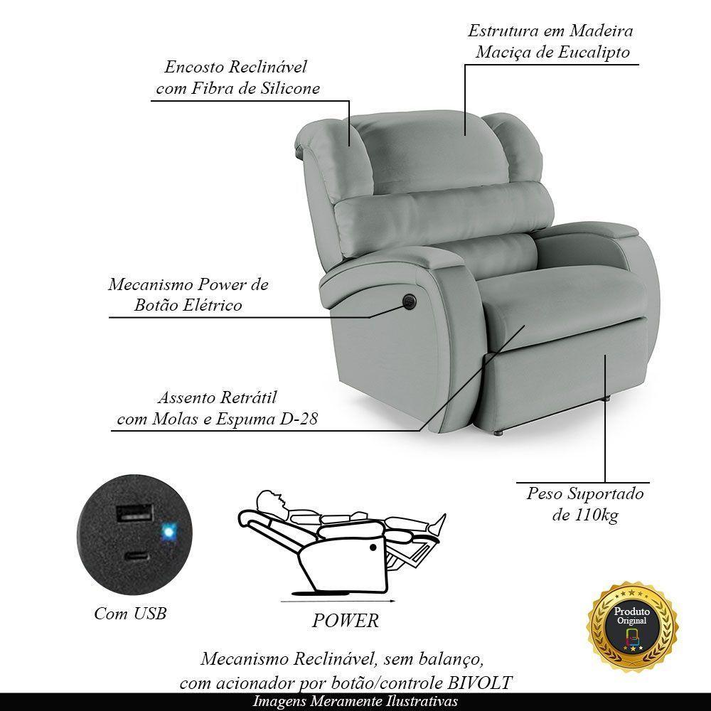 Poltrona Do Papai Reclinável Napoli Controle Power Elétrico Usb Pu Fh1 Cinza - 6