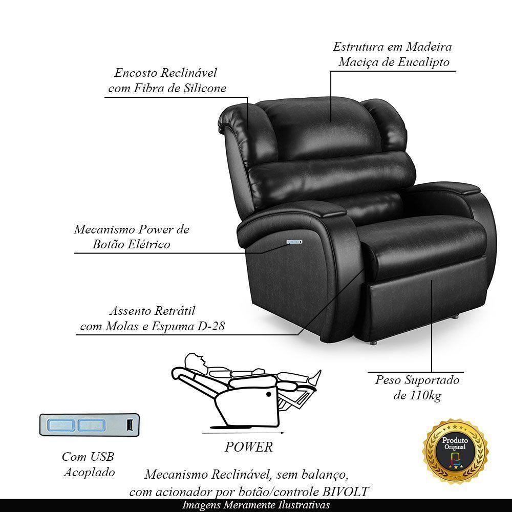 Poltrona Do Papai Reclinável Napoli Elétrica Botão Led Pu Preto Brilho Fh1 - 7