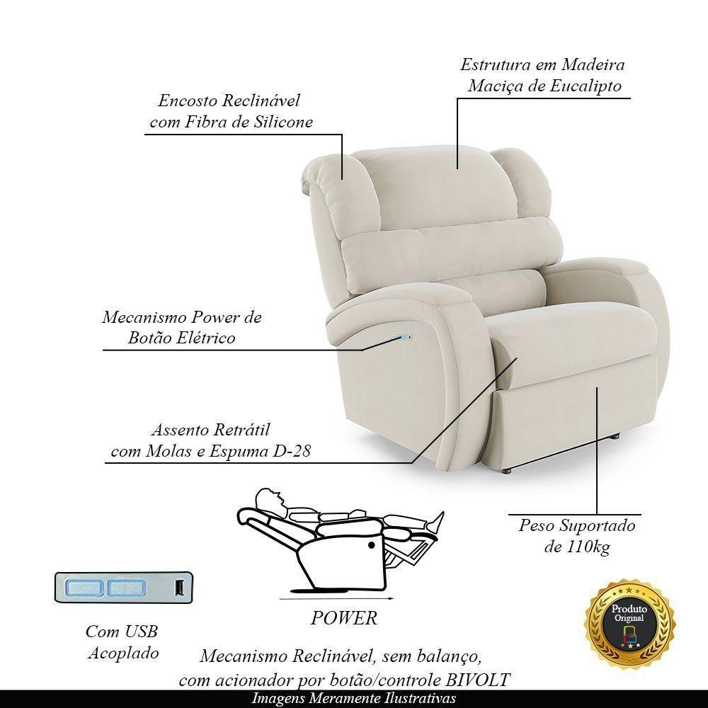 Poltrona Do Papai Reclinável Napoli Elétrica Botão Led Veludo Bege Fh1 - 5