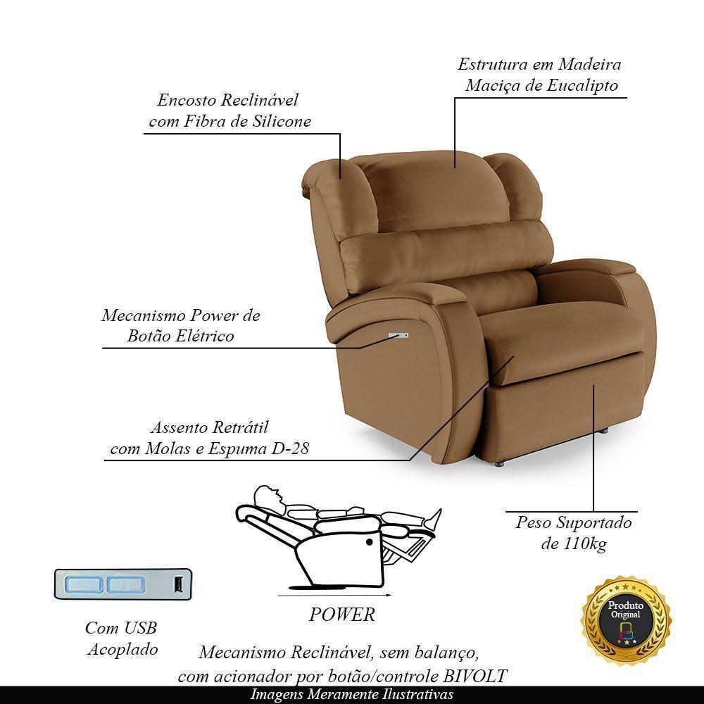 Poltrona Do Papai Reclinável Napoli Elétrica Botão Led Pu Fh1 Caramelo - 6