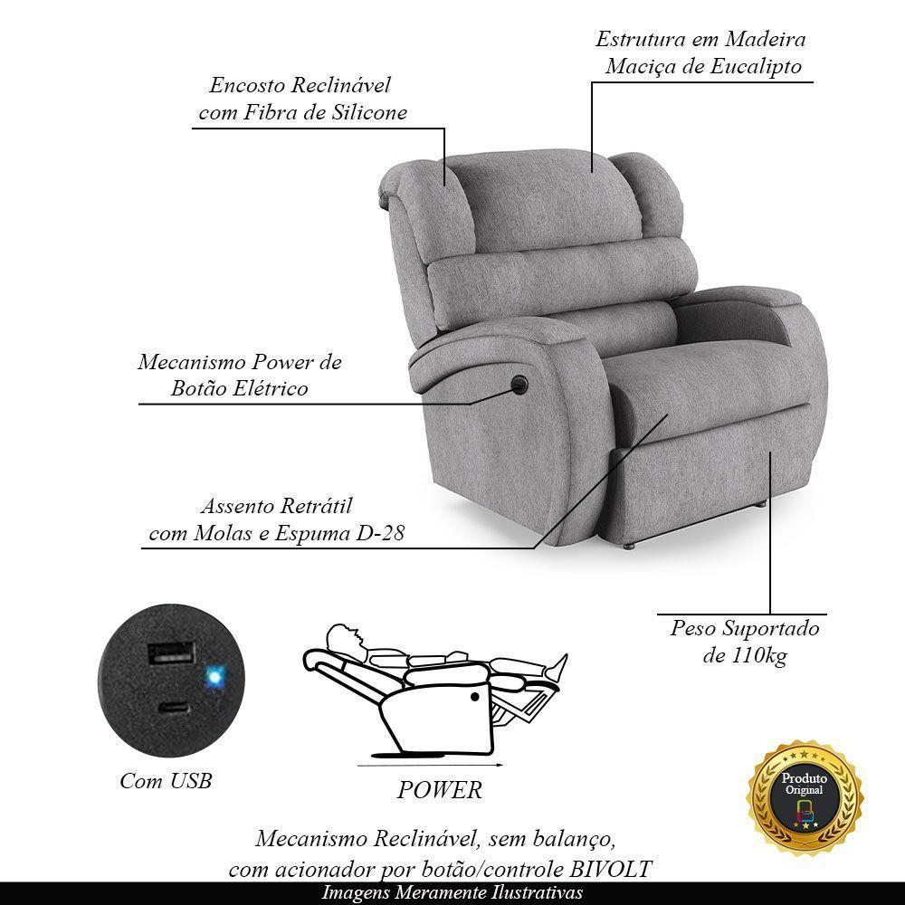 Poltrona Do Papai Reclinável Napoli Controle Power Elétrico Usb Linho Cinza Fh1 - 6