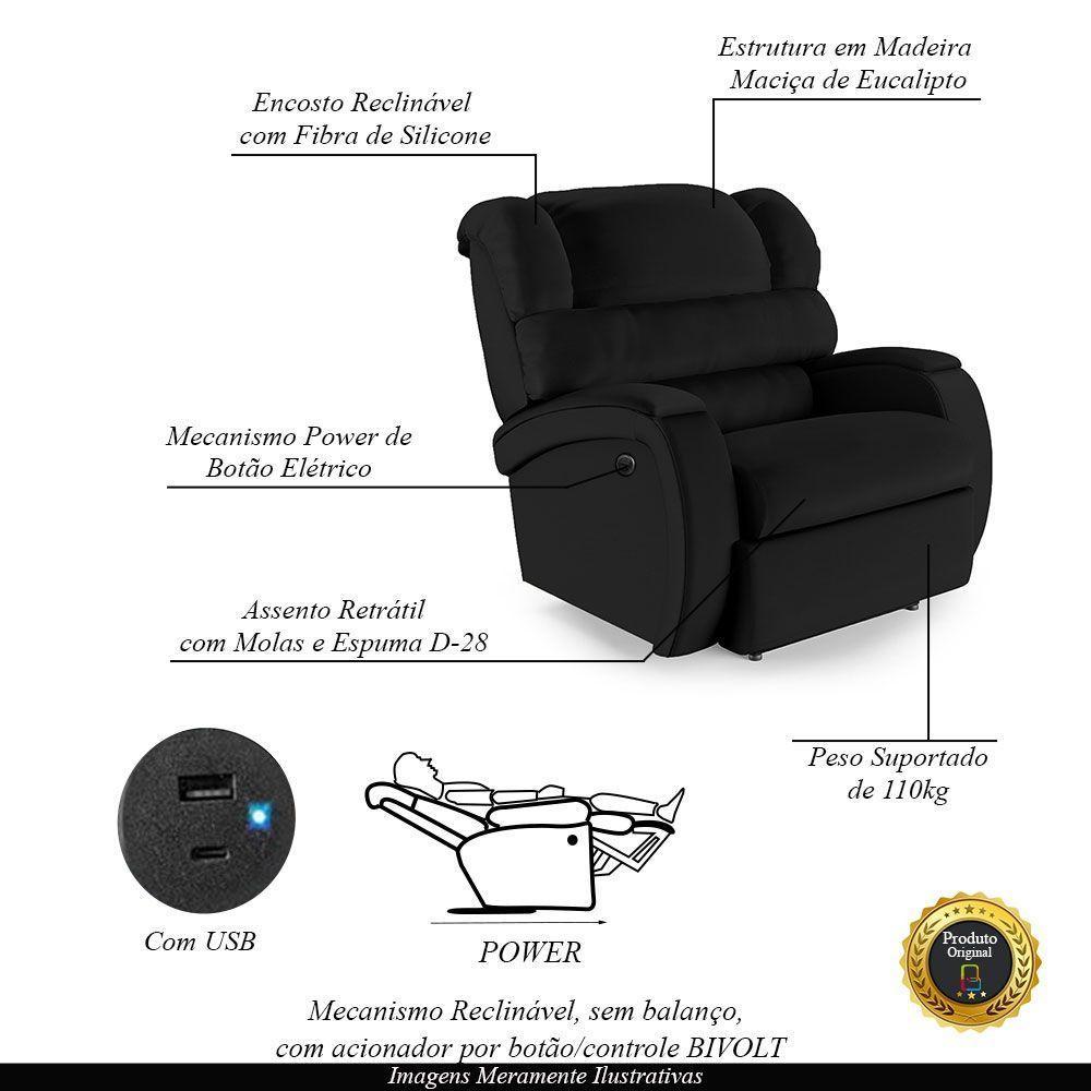 Poltrona Do Papai Reclinável Napoli Controle Power Elétrico Usb Pu Preto Fh1 - 6