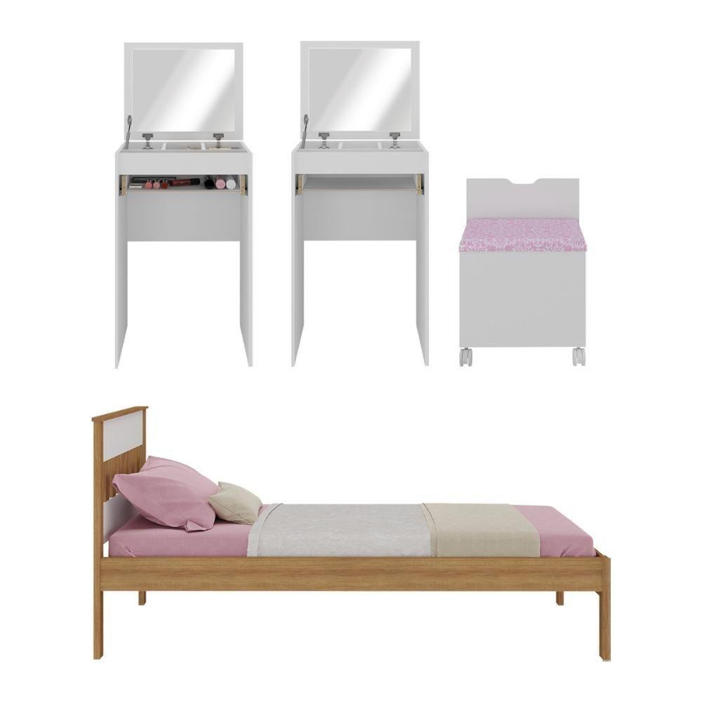 Cama De Solteiro Para Colchão 88 X 188 Cm Com Penteadeira 54cm E Puff Multimóveis CR40121 Amêndoa/branco - 3